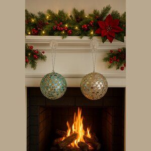 NEW Set of 2 Large Glass Mirror Disco Ball Ornaments with Rhinestones